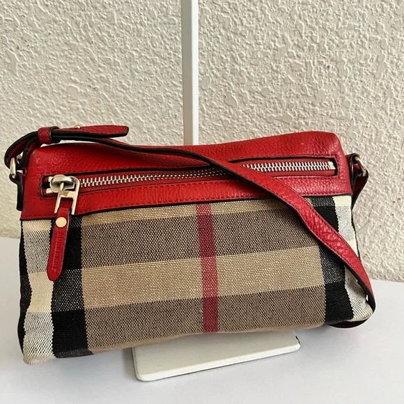 Burberry Red Leather Trim Plaid Crossbody Bag - Picture 1 of 12